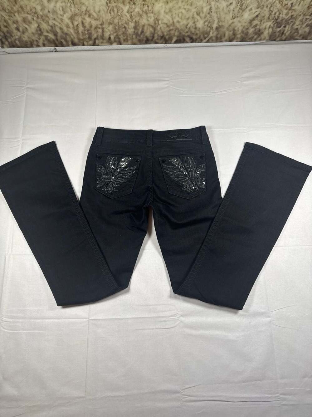 Miss Me Standard Boot Cut Black Jeans with Sequin Wing Pockets Size 27